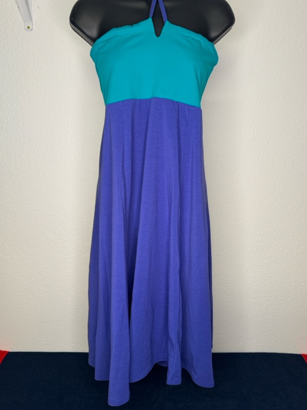 Vintage 90’s PrAna Solana Colorblock Teal and Royal Blue Halter Dress